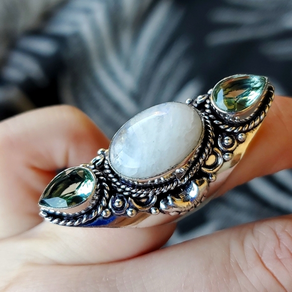 New Rainbow Moonstone & Green Amethyst 925 Silver Statement Ring. - Picture 9 of 15